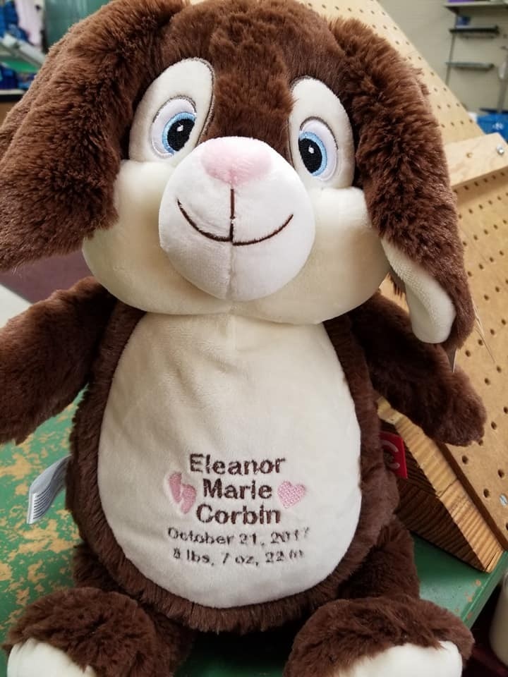 Custom embroidery services in Kendallville, IN for stuffed animal logo customization and personalized designs